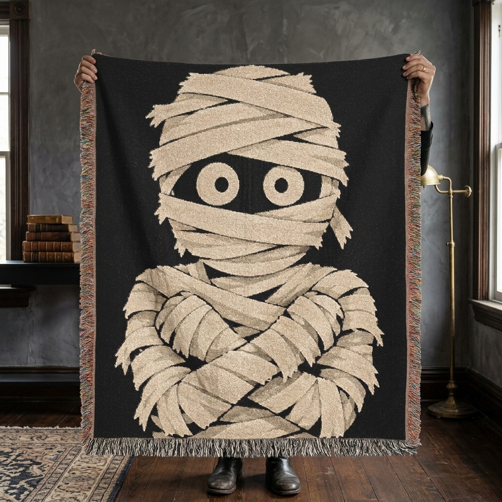 Person holding a black and cream mummy woven throw blanket
