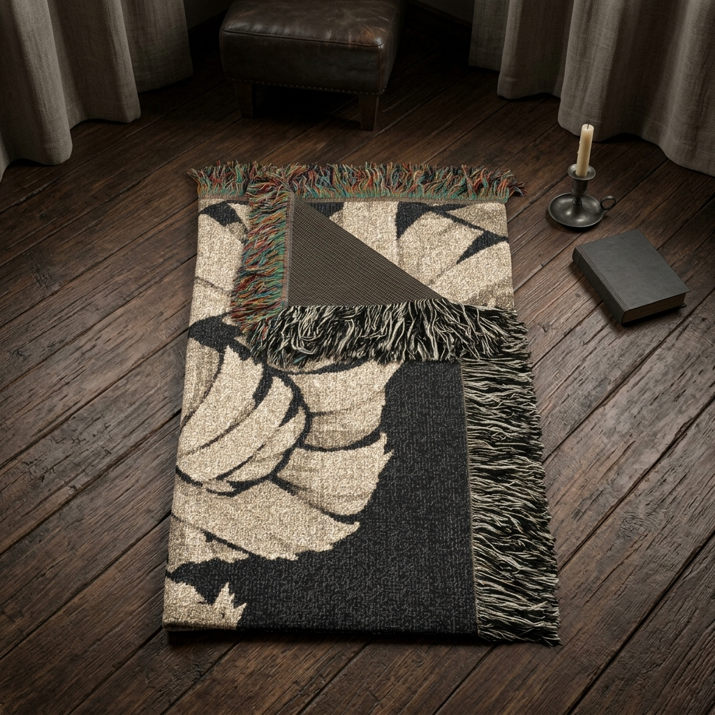 Folded mummy woven blanket showing texture, fringe and reverse
