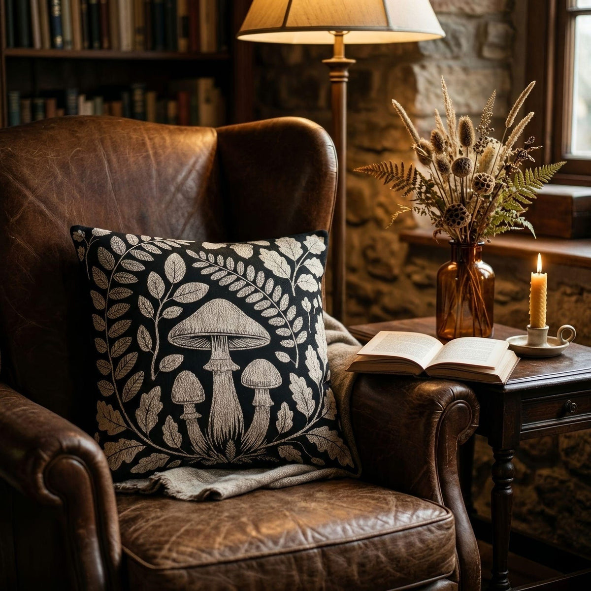 Botanical Mushroom Woven Pillow product detail image