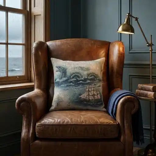 Nautical sea monster map woven pillow displayed in a vintage coastal room