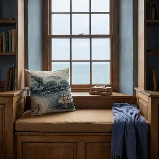 Vintage sea serpent map woven cushion in a coastal reading nook