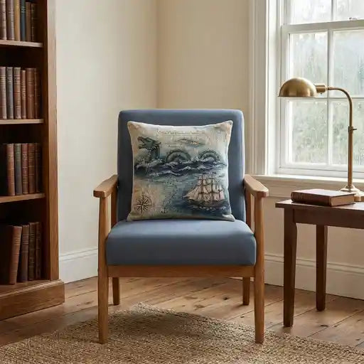Chair-scale view of the 17 by 18 inch sea monster map woven pillow