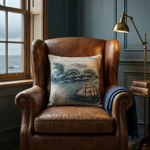 Nautical sea serpent and antique compass woven pillow in vintage coastal decor