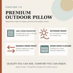 Outdoor pillow features: spun polyester, UV and water resistance, double-sided print and sewn seam closure