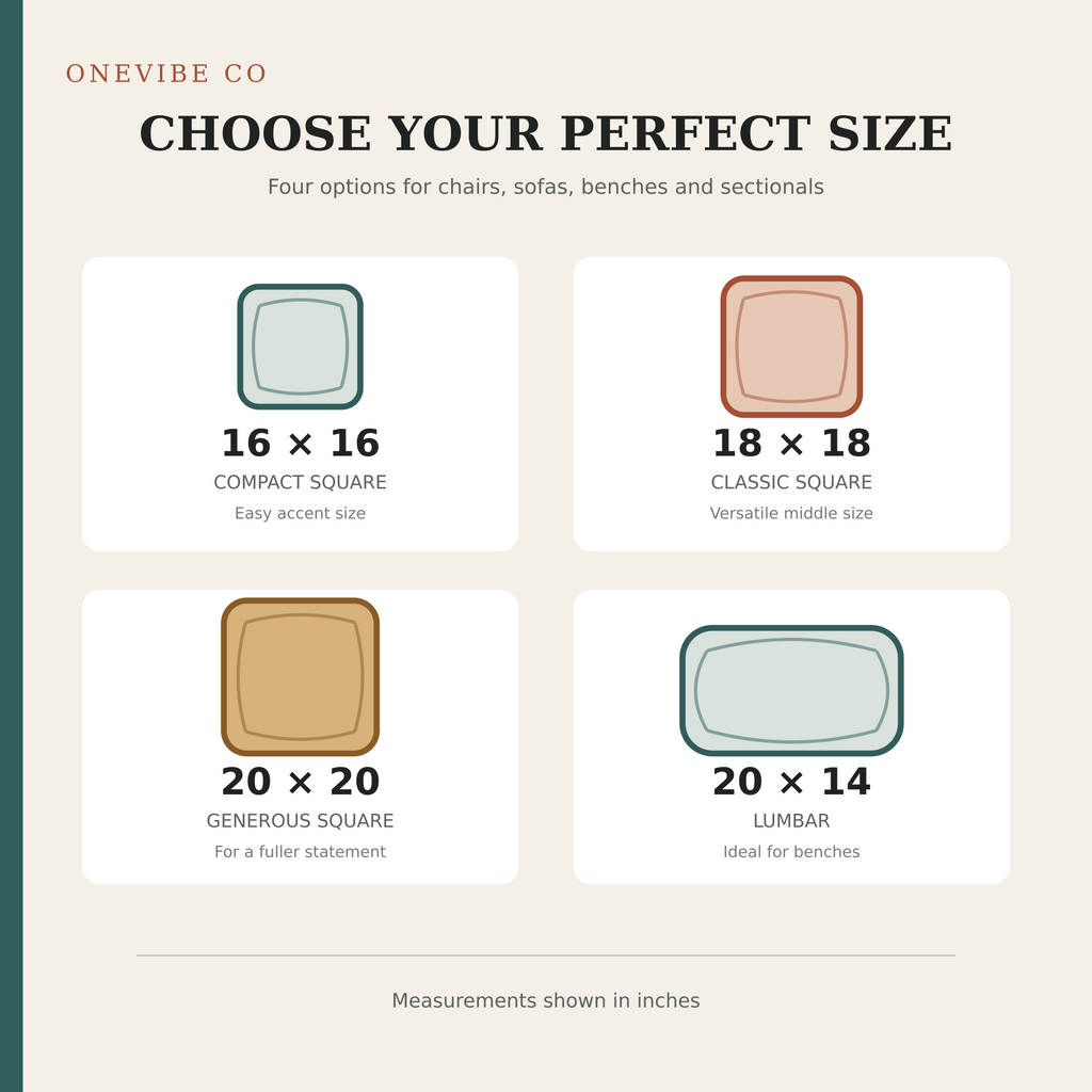 Outdoor pillow size guide: 16 by 16, 18 by 18, 20 by 20 and 20 by 14 lumbar