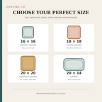 Outdoor pillow size guide: 16 by 16, 18 by 18, 20 by 20 and 20 by 14 lumbar