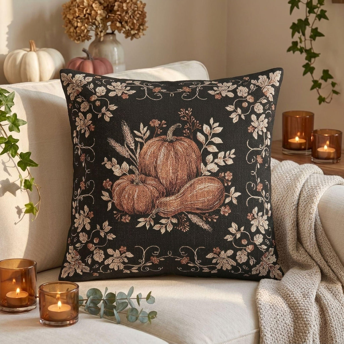 Pumpkin Bouquet Woven Pillow styled lifestyle image