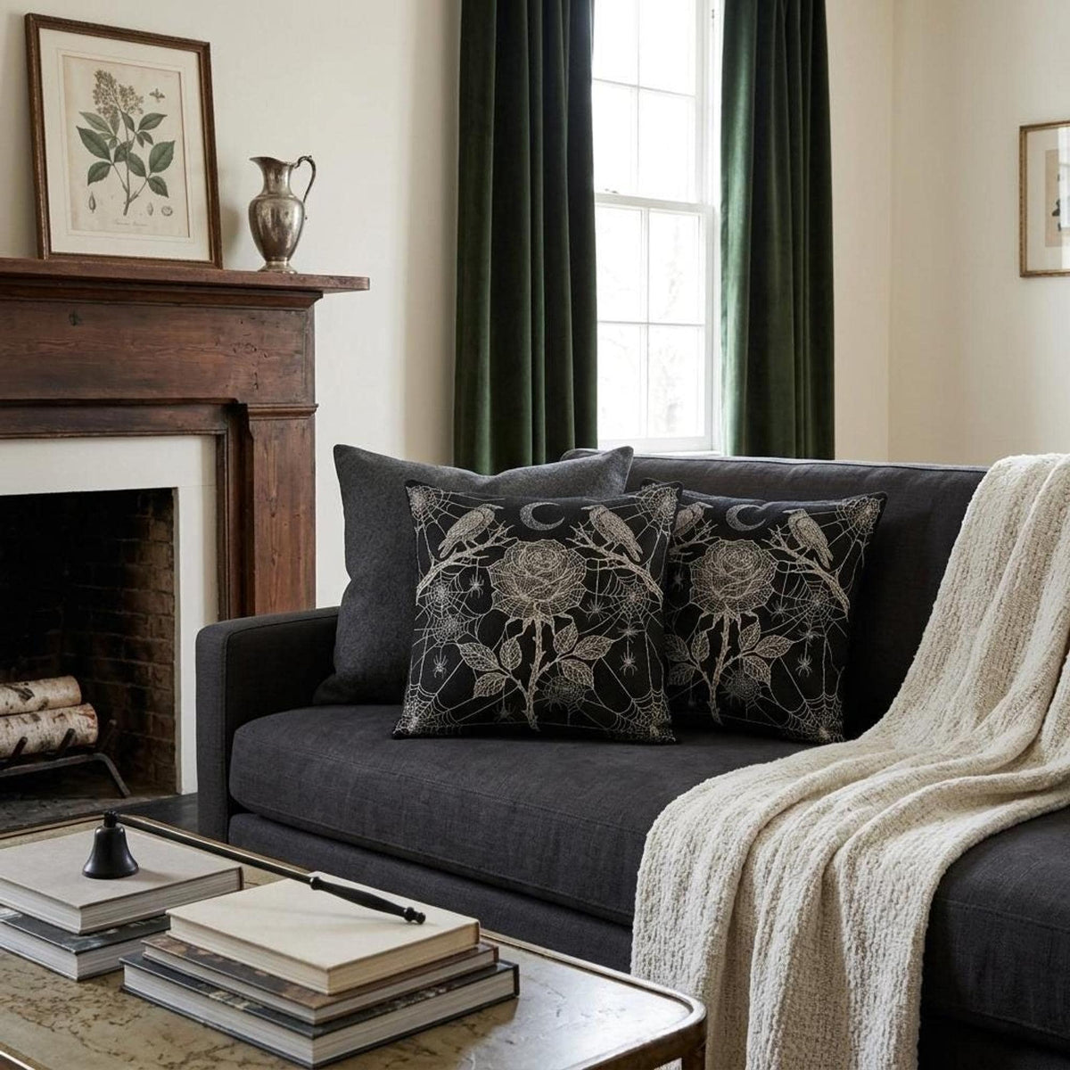 Rose Ravens woven pillow pair view