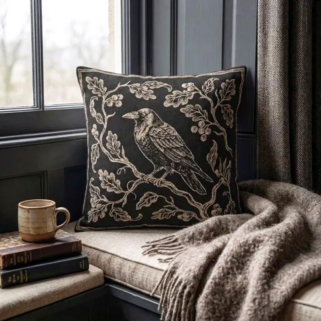Raven on Branch Woven Pillow styled lifestyle image