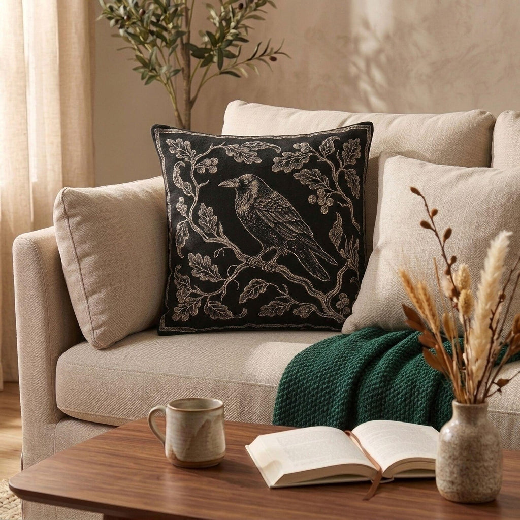 Raven on Branch Woven Pillow product detail image