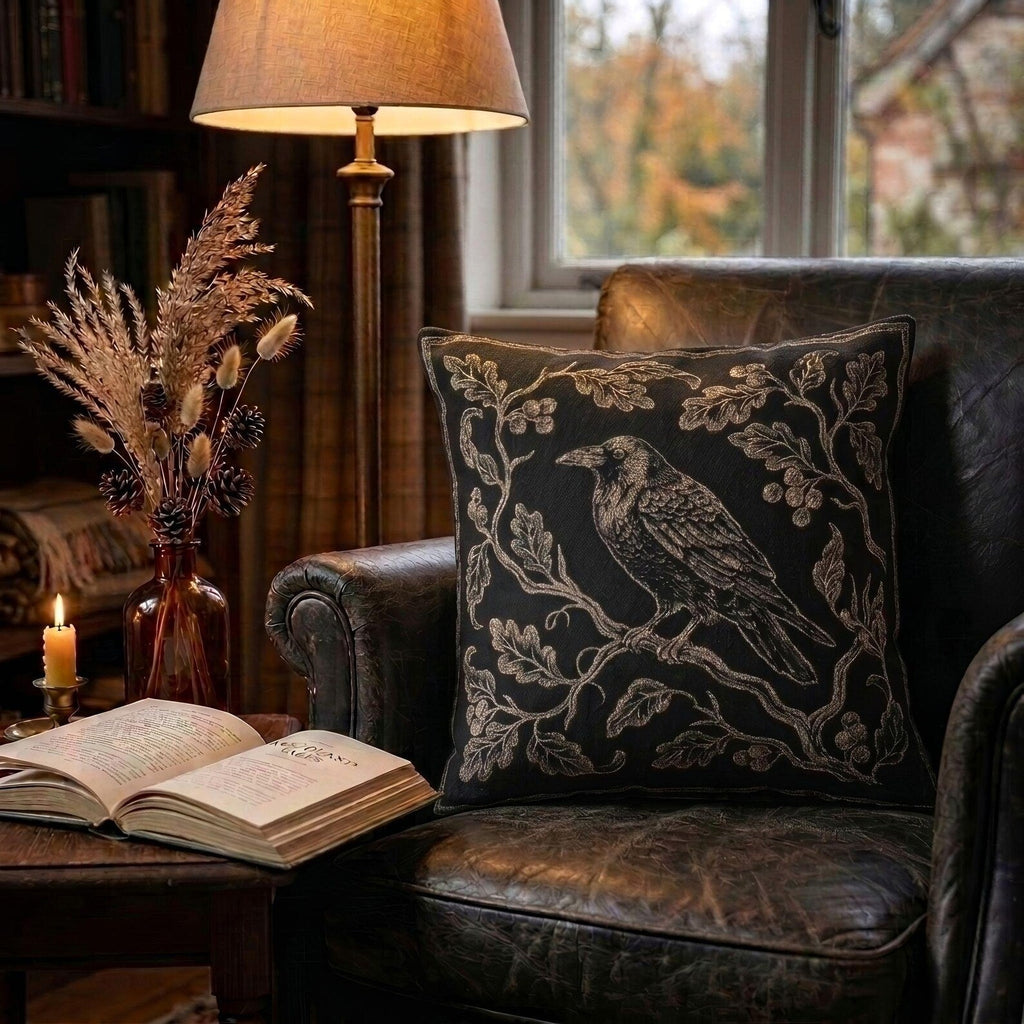 Raven on Branch Woven Pillow product detail image