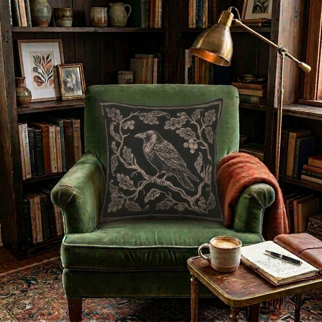 Raven on Branch Woven Pillow product detail image