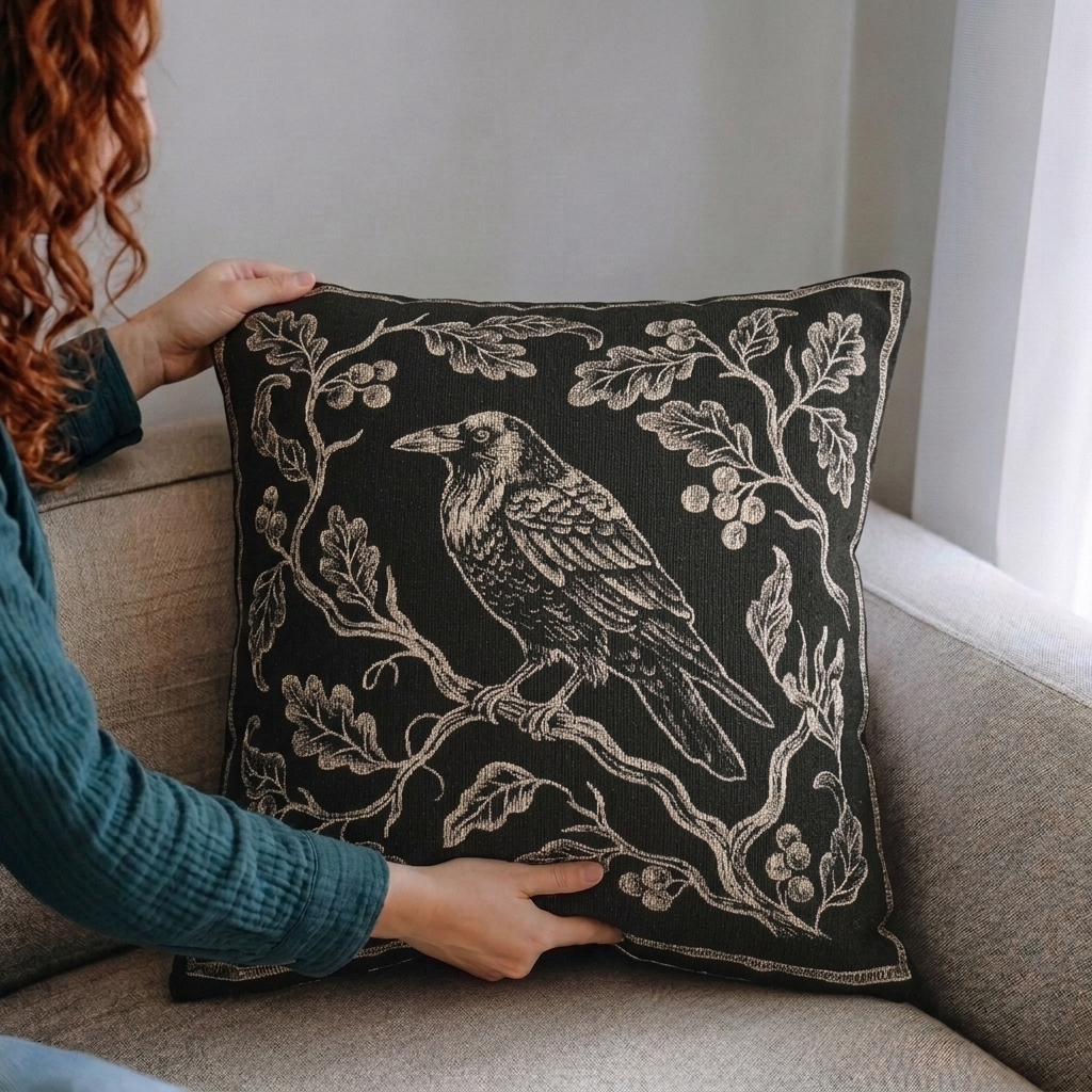 Raven on Branch Woven Pillow | Gothic Tapestry Decor