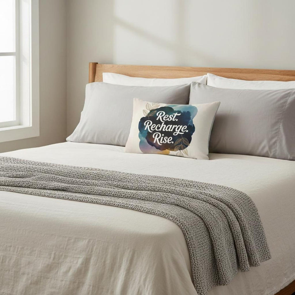 Rest Recharge Rise watercolor lumbar pillow styled on a neutral bed