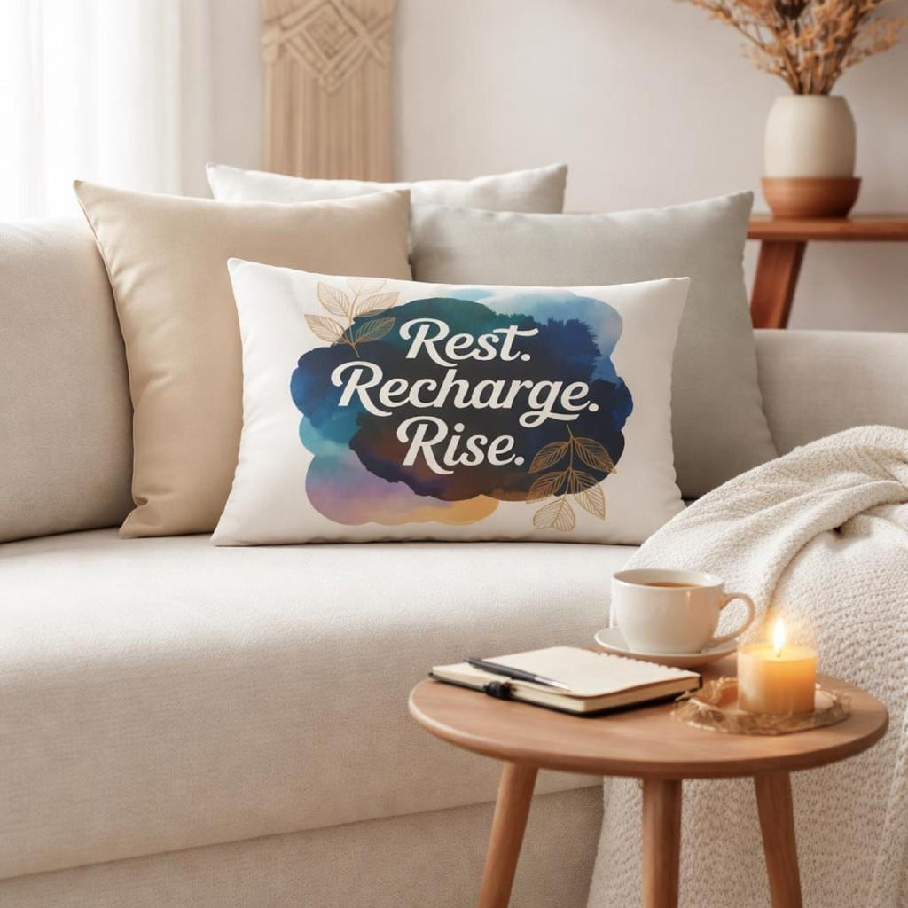 Rest Recharge Rise affirmation lumbar pillow styled on a cream sofa