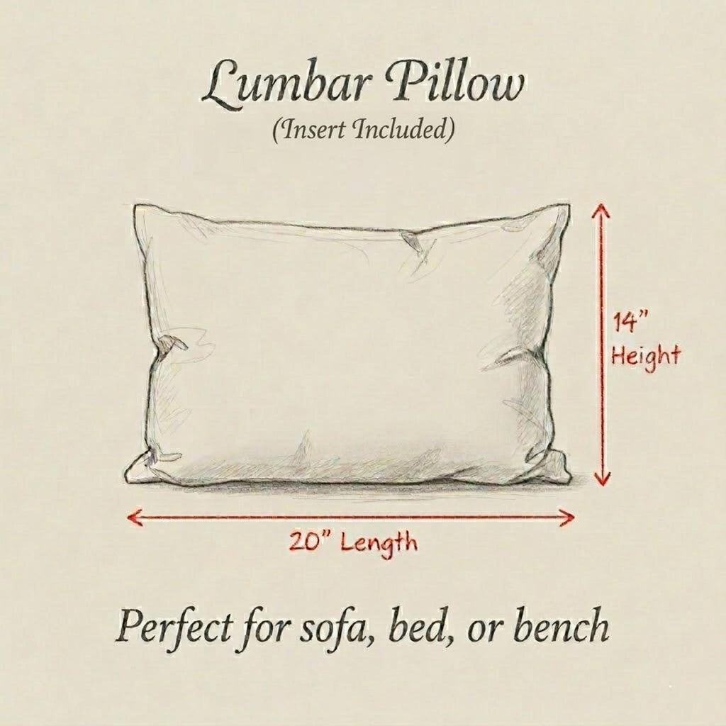 Lumbar pillow size guide showing 20 inch length and 14 inch height with insert included