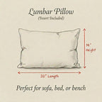 Lumbar pillow size guide showing 20 inch length and 14 inch height with insert included
