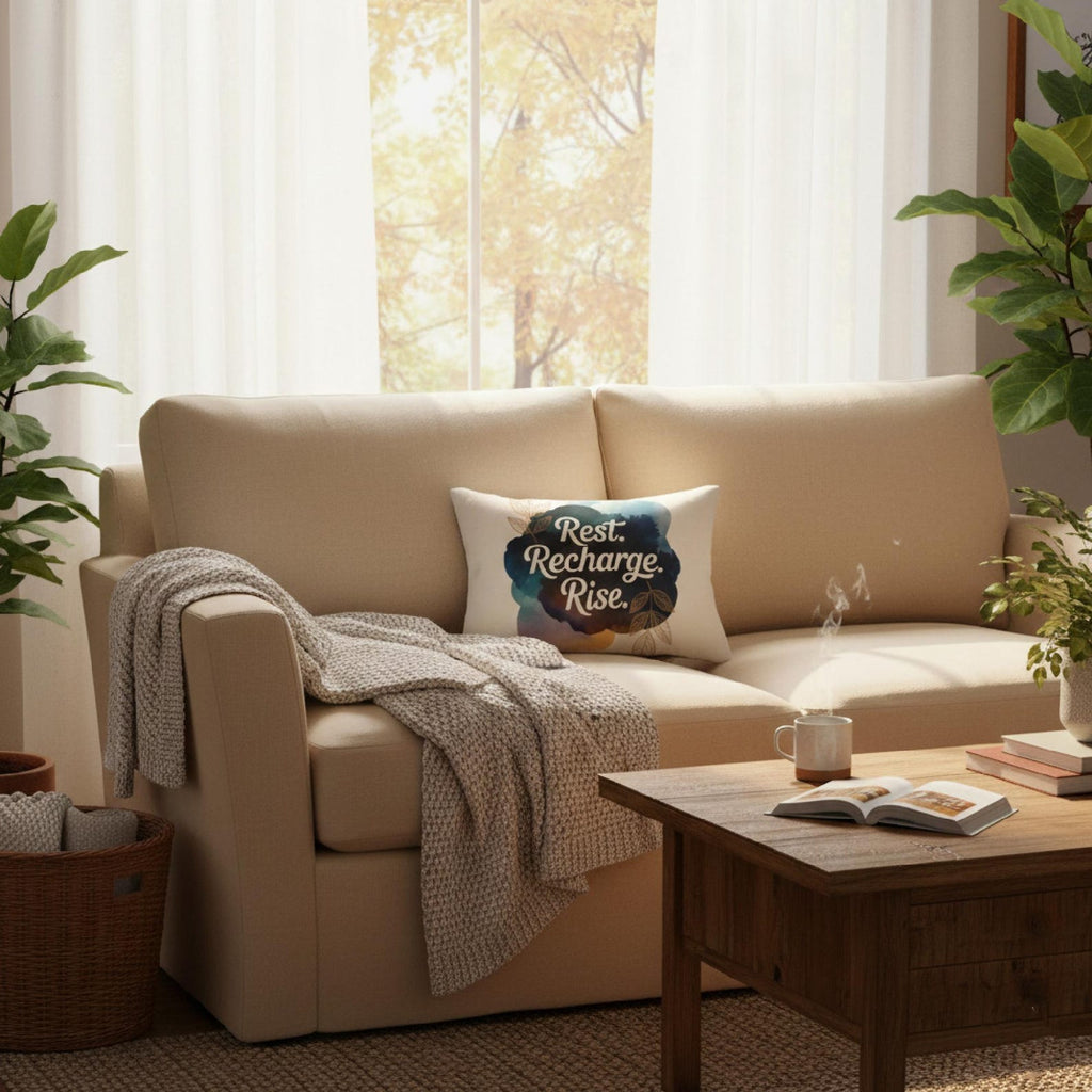 Rest Recharge Rise watercolor lumbar pillow styled on a cozy beige sofa
