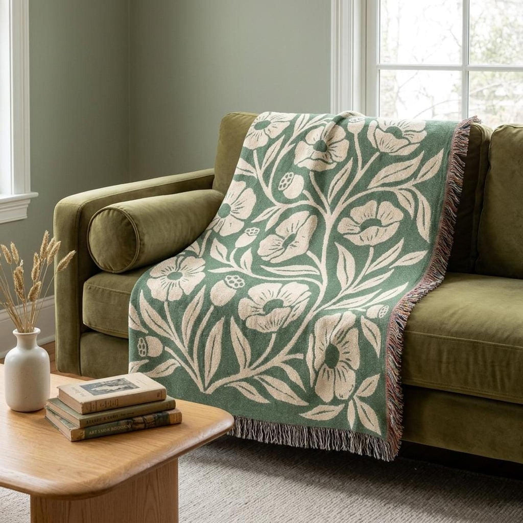 Botanical Floral Pattern Woven Blanket | Green Sage Cream Flower Throw