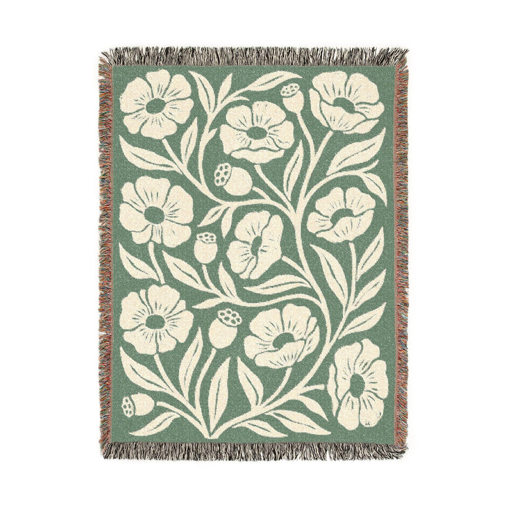 Cotton Woven Blanket Sage Green Throw Cozy Living Room Farmhouse Style Floral Pattern Cream Botanical Fringe Bedding…