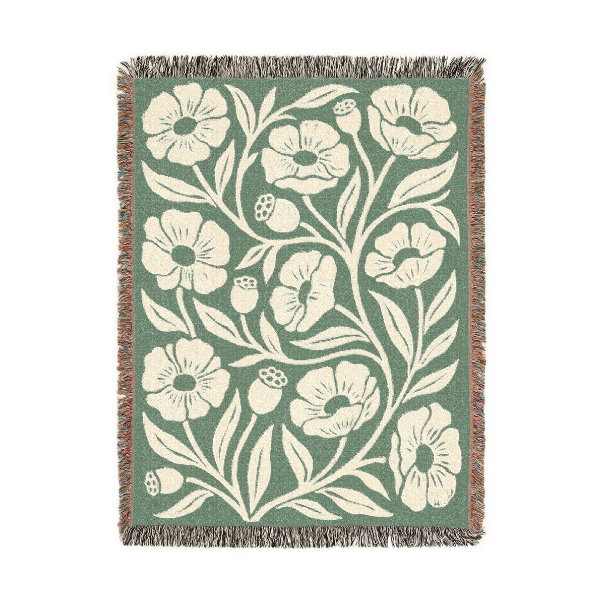 Cotton Woven Blanket Sage Green Throw Cozy Living Room Farmhouse Style Floral Pattern Cream Botanical Fringe Bedding…