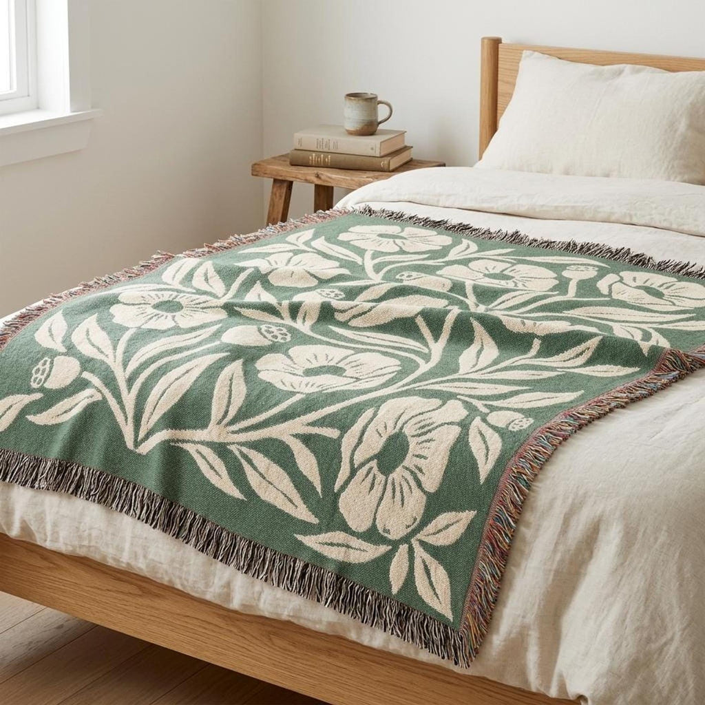 Botanical Floral Pattern Woven Blanket | Green Sage Cream Flower Throw
