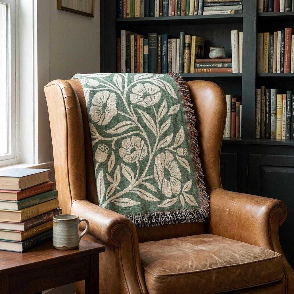 Botanical Floral Pattern Woven Blanket | Green Sage Cream Flower Throw