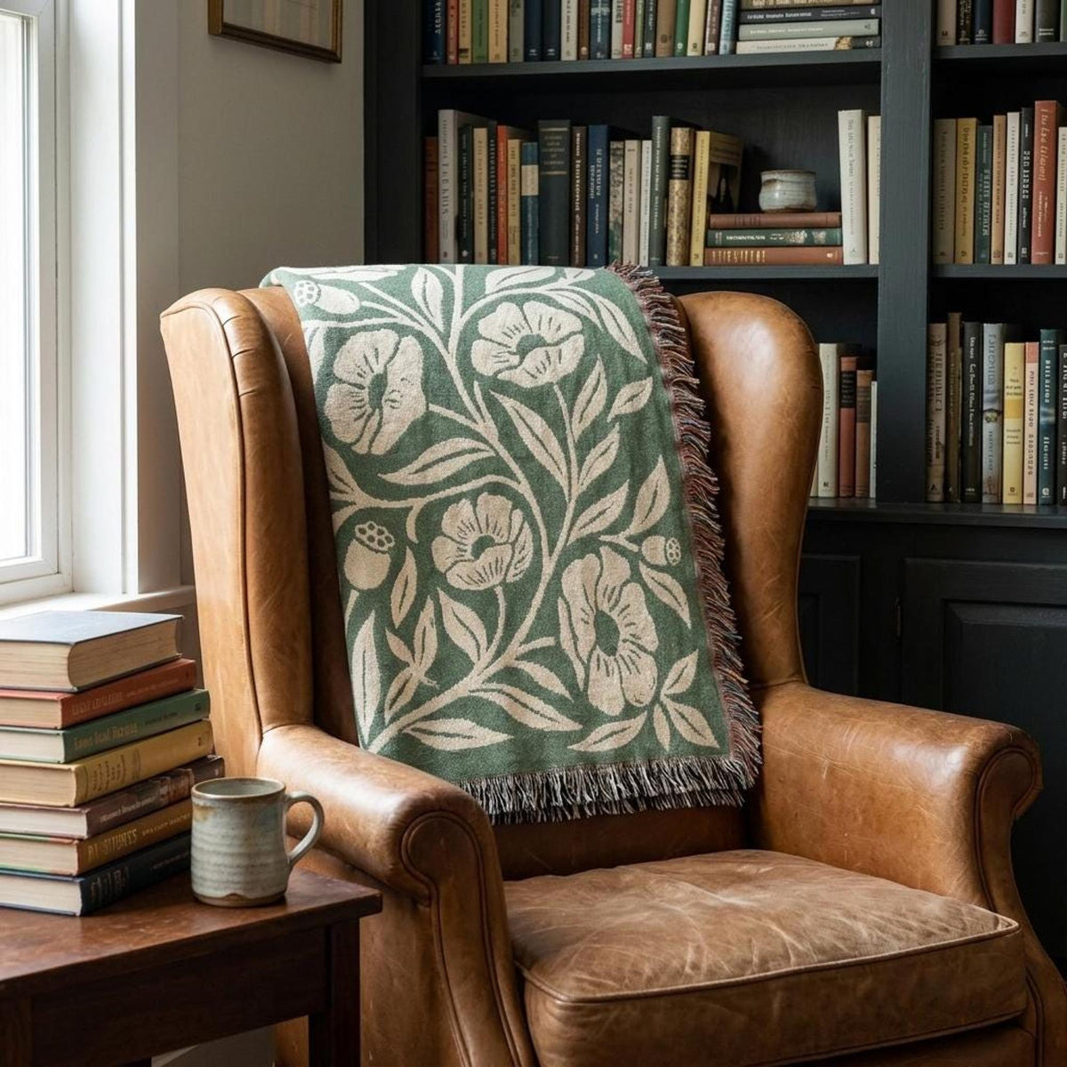 Botanical Floral Pattern Woven Blanket | Green Sage Cream Flower Throw