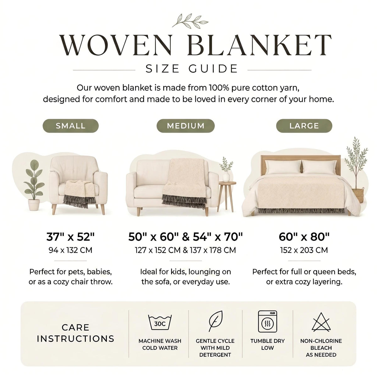 Cotton Woven Blanket Sage Green Throw Cozy Living Room Farmhouse Style Floral Pattern Cream Botanical Bedding Modern…