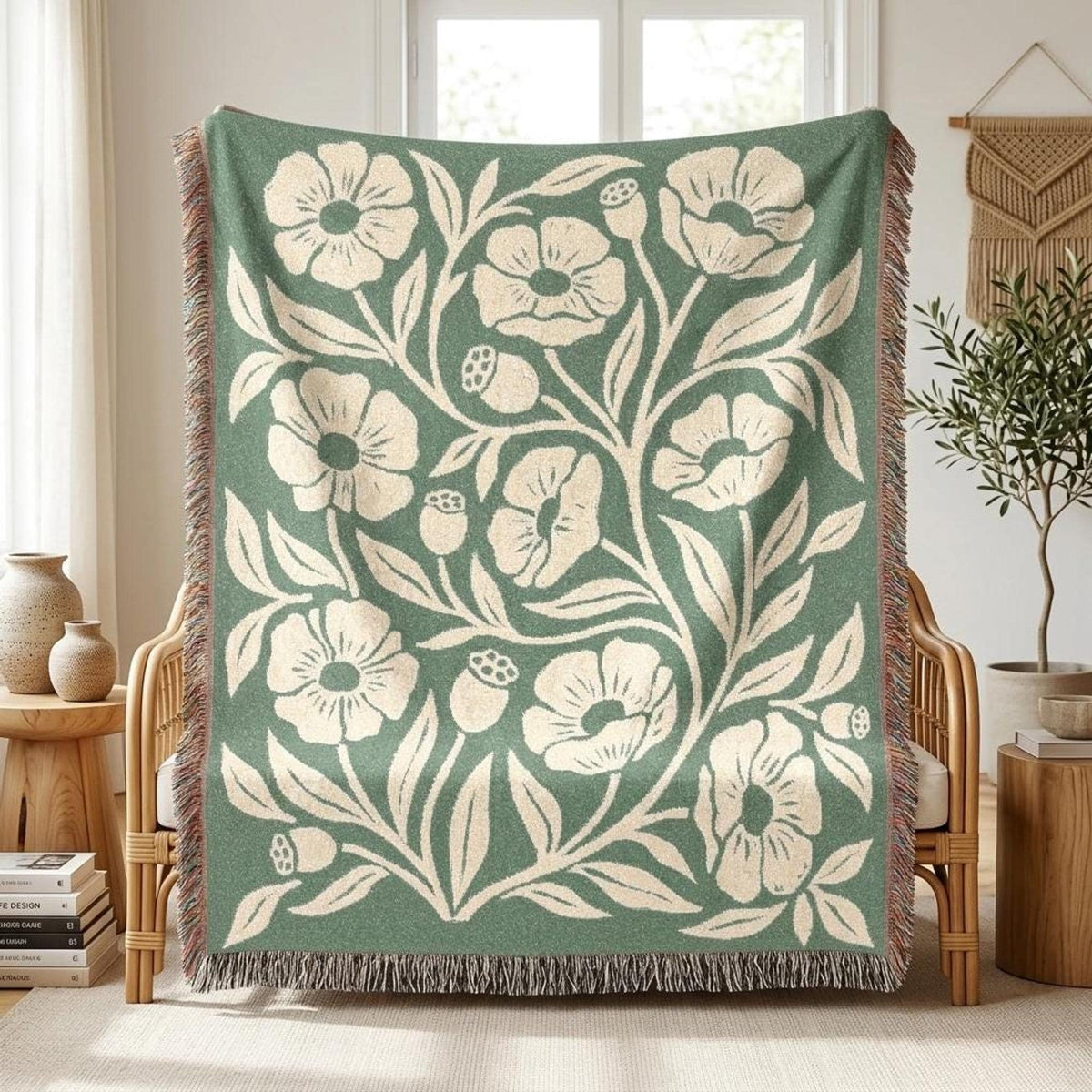 Botanical Floral Pattern Woven Blanket | Green Sage Cream Flower Throw