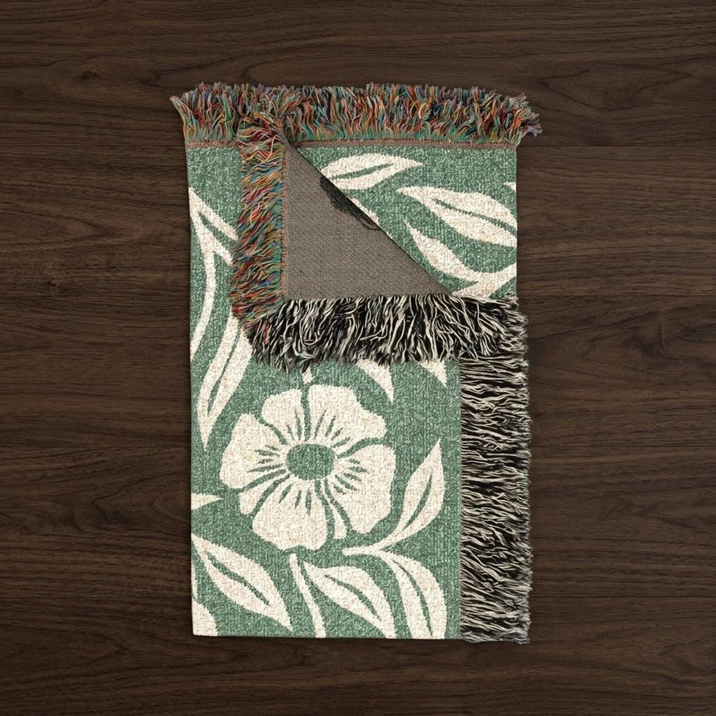 Botanical Floral Pattern Woven Blanket | Green Sage Cream Flower Throw