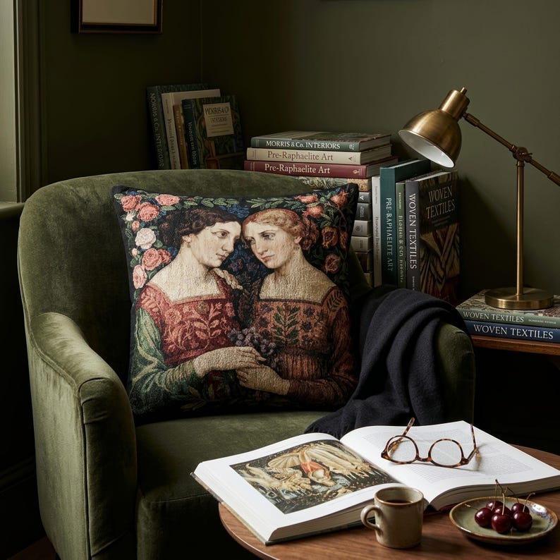 Sapphic Pre-Raphaelite Woven Pillow styled lifestyle image