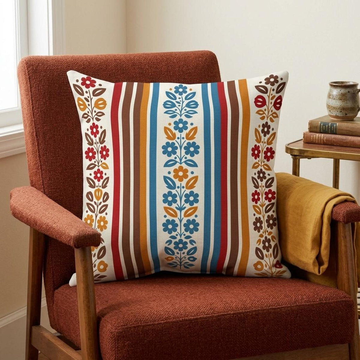 Retro Stripe Pillow Folk Floral Cushion Farmhouse Living Room Autumn Throw Rust Ochre Blue Accent Couch Boho Textured…