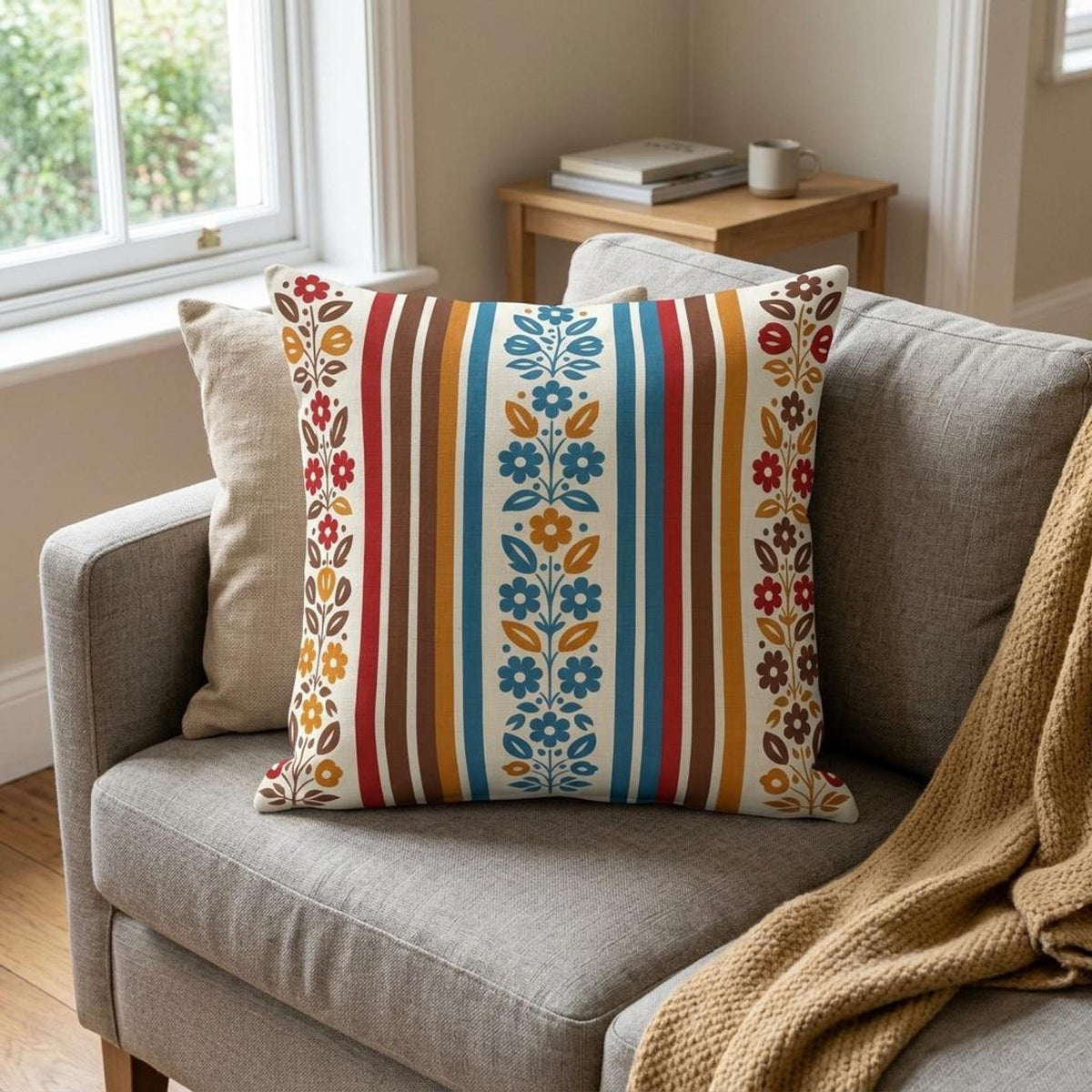 Boho Textured Linen Pillow Cabin Cottage Bedroom Throw Retro Folk Floral Pattern Rust Accent Cushion Farmhouse Style…
