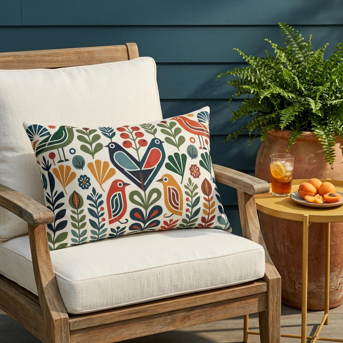 Scandinavian folk bird outdoor pillow with floral pattern — view 1