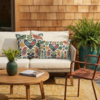 Scandinavian folk bird outdoor pillow with floral pattern — view 2