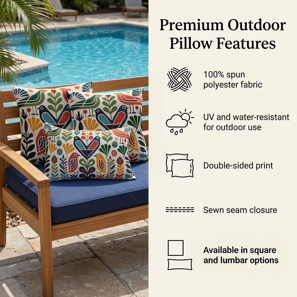 Scandinavian folk bird outdoor pillow with floral pattern — view 4