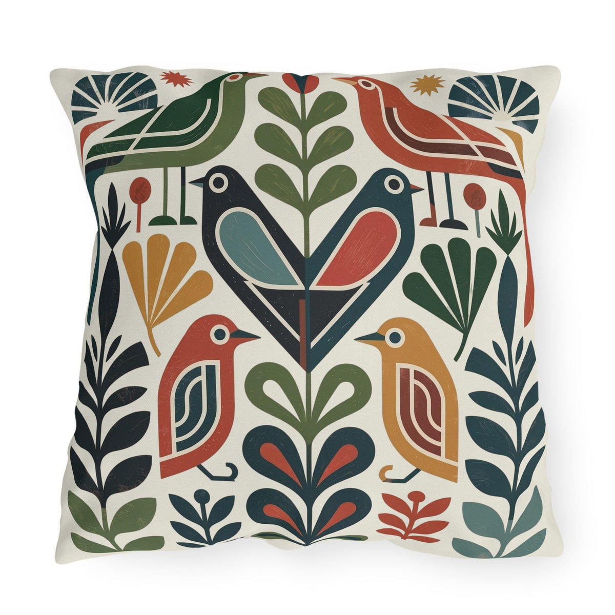 Scandinavian folk bird outdoor pillow with floral pattern — view 7