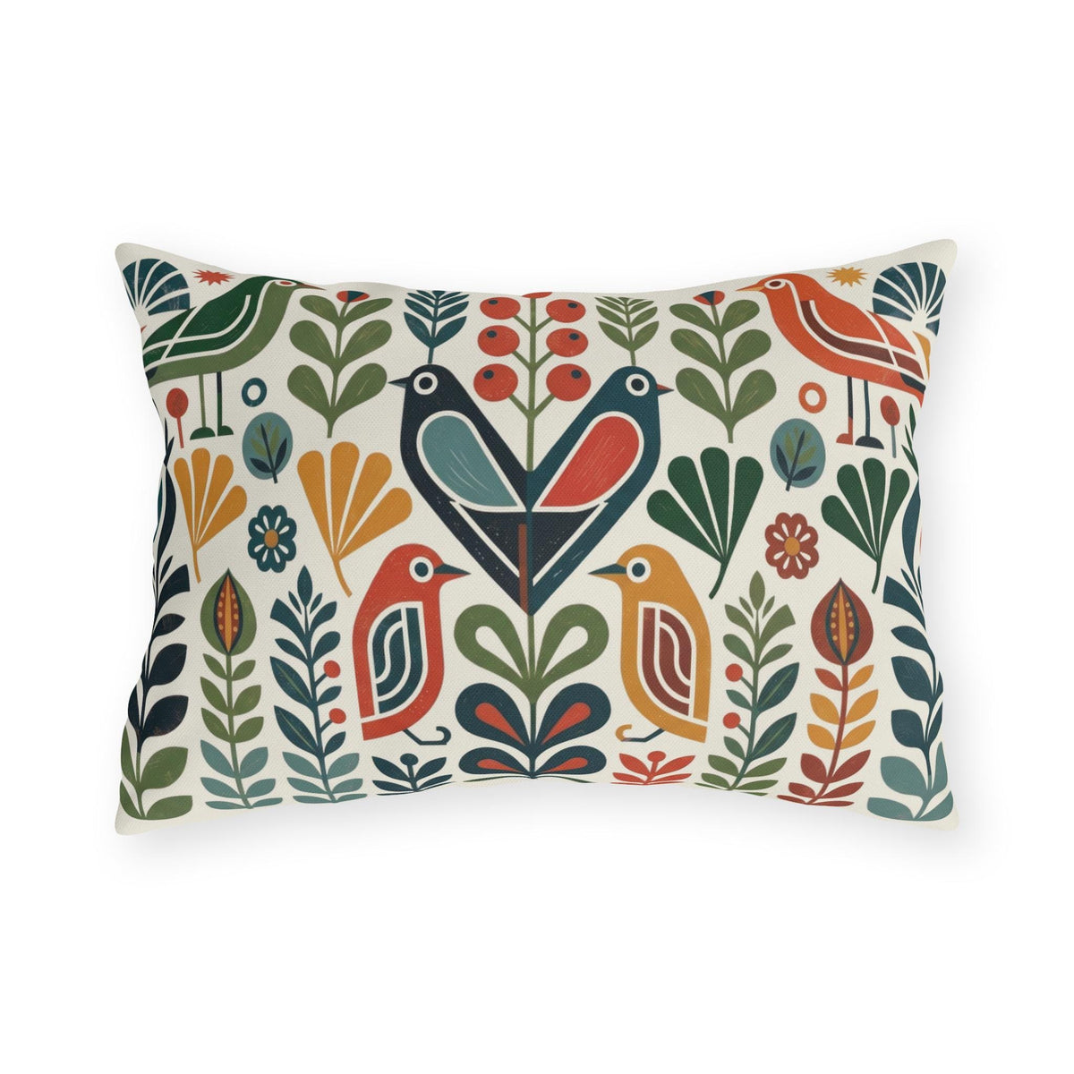 Scandinavian folk bird outdoor pillow with floral pattern — view 8