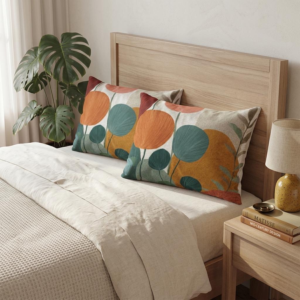 Abstract Floral Illustration Cotton Pillow Sham | Mid Century Botanicals, Orange Teal Yellow