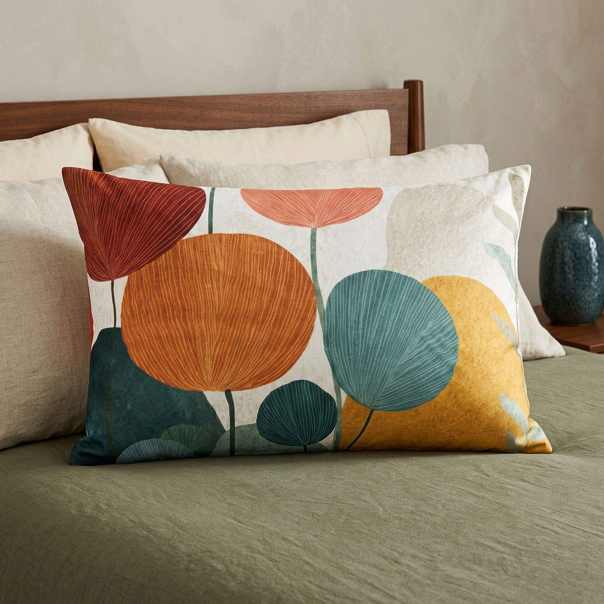 Mid Century Modern Botanical Pillow Sham Abstract Floral Orange Teal Cotton