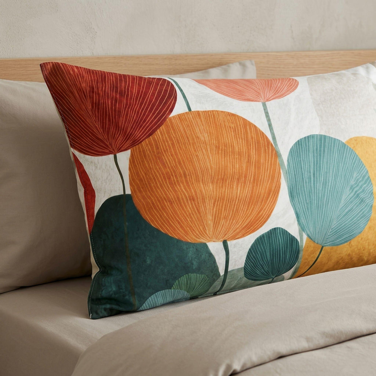 Mid Century Modern Botanical Pillow Sham Abstract Floral Orange Teal Cotton