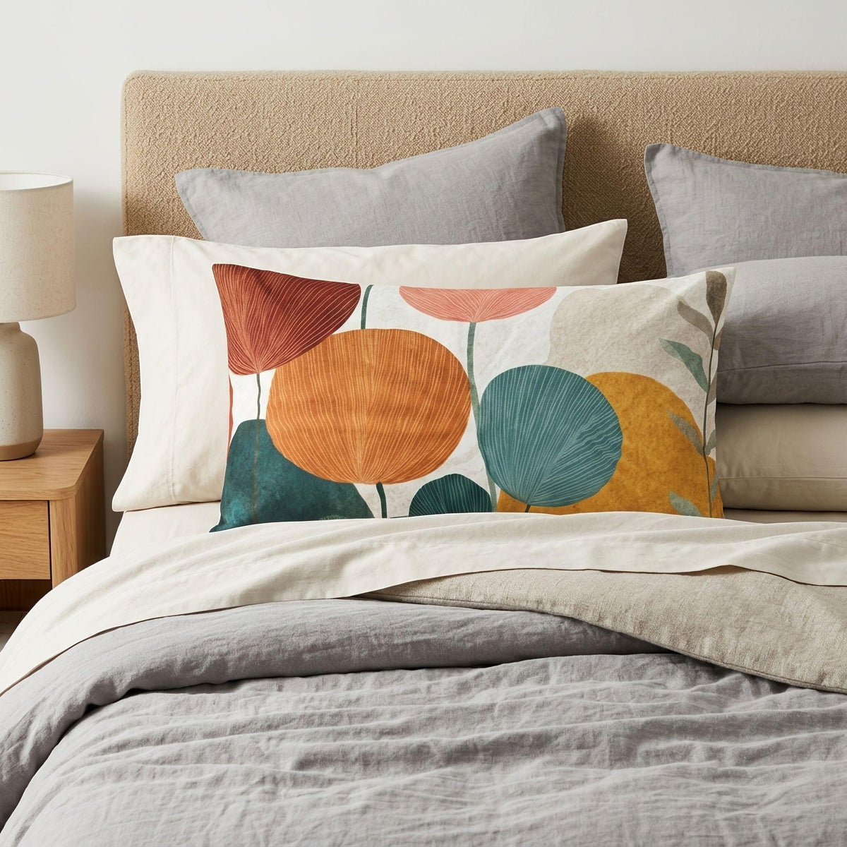 Mid Century Modern Botanical Pillow Sham Abstract Floral Orange Teal Cotton