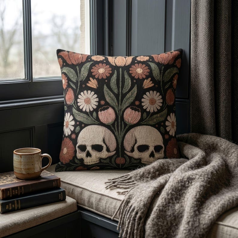 Floral Skull Woven Pillow styled lifestyle image