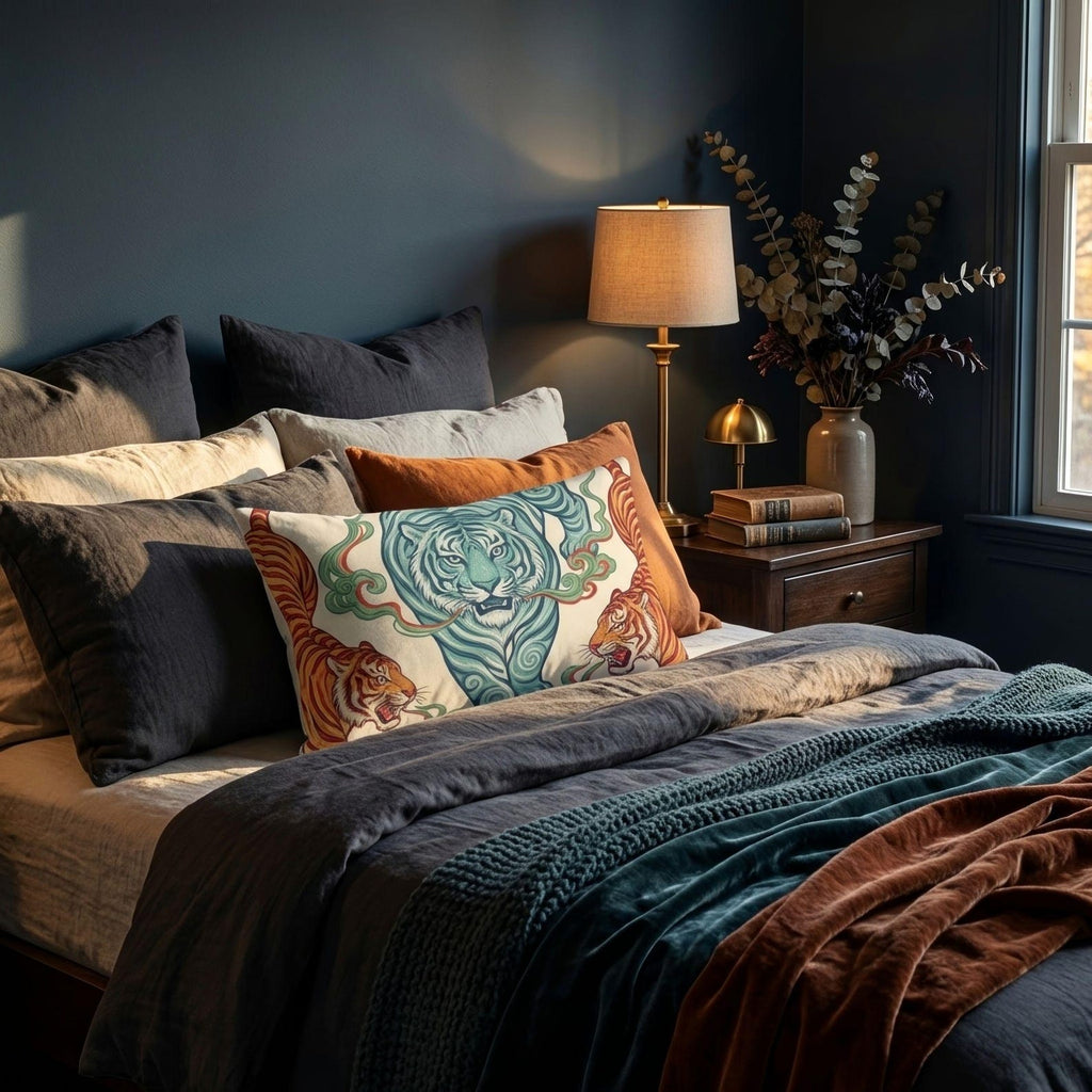 Teal and amber chinoiserie tiger lumbar pillow on a dark modern bed