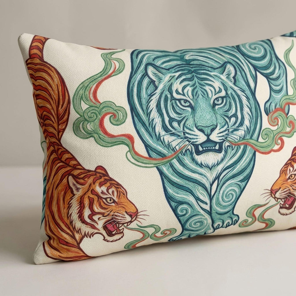 Close view of the teal and amber chinoiserie tiger artwork on the lumbar pillow