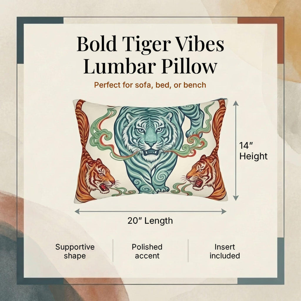 Teal and amber tiger lumbar pillow size guide showing 20 inch length and 14 inch height