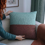 Modern Scandi Cushion Minimalist Throw Pillow Teal Brick Two Tone Color Block Woven Jacquard Design Contemporary Living…