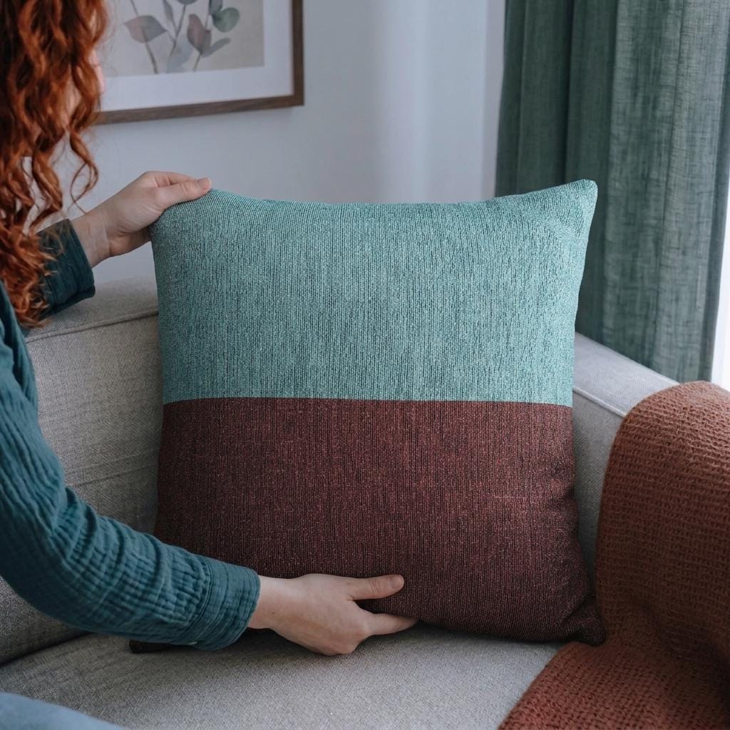 Modern Scandi Cushion Minimalist Throw Pillow Teal Brick Two Tone Color Block Woven Jacquard Design Contemporary Living…