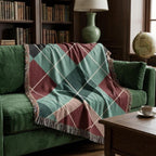 Argyle Woven Blanket Jacquard Cotton Textile Burgundy Teal Mid Century Modern Throw Geometric Diamond Pattern Plaid…